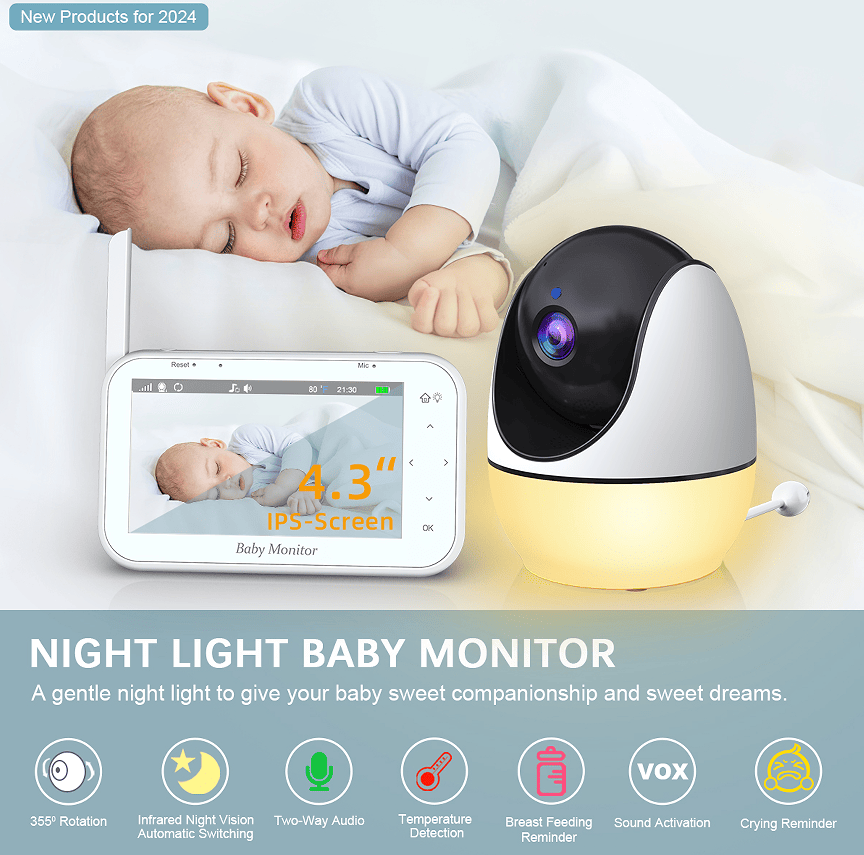 PSABM200S Baby Motion Monitor Temperature Monitor Micro SD (4-32GB) option 4.3Inch IPS IR Night Vision Video Dual Audio HD 1920 * 1080