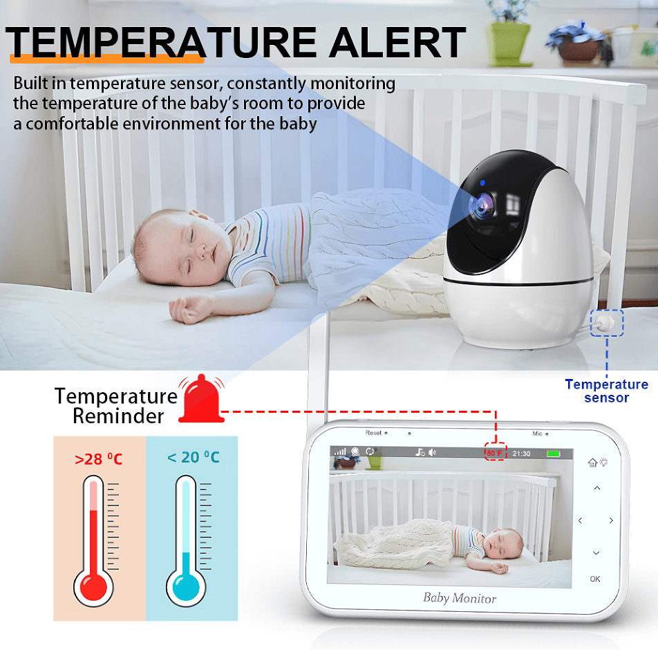 PSABM200S Baby Motion Monitor Temperature Monitor Micro SD (4-32GB) option 4.3Inch IPS IR Night Vision Video Dual Audio HD 1920 * 1080