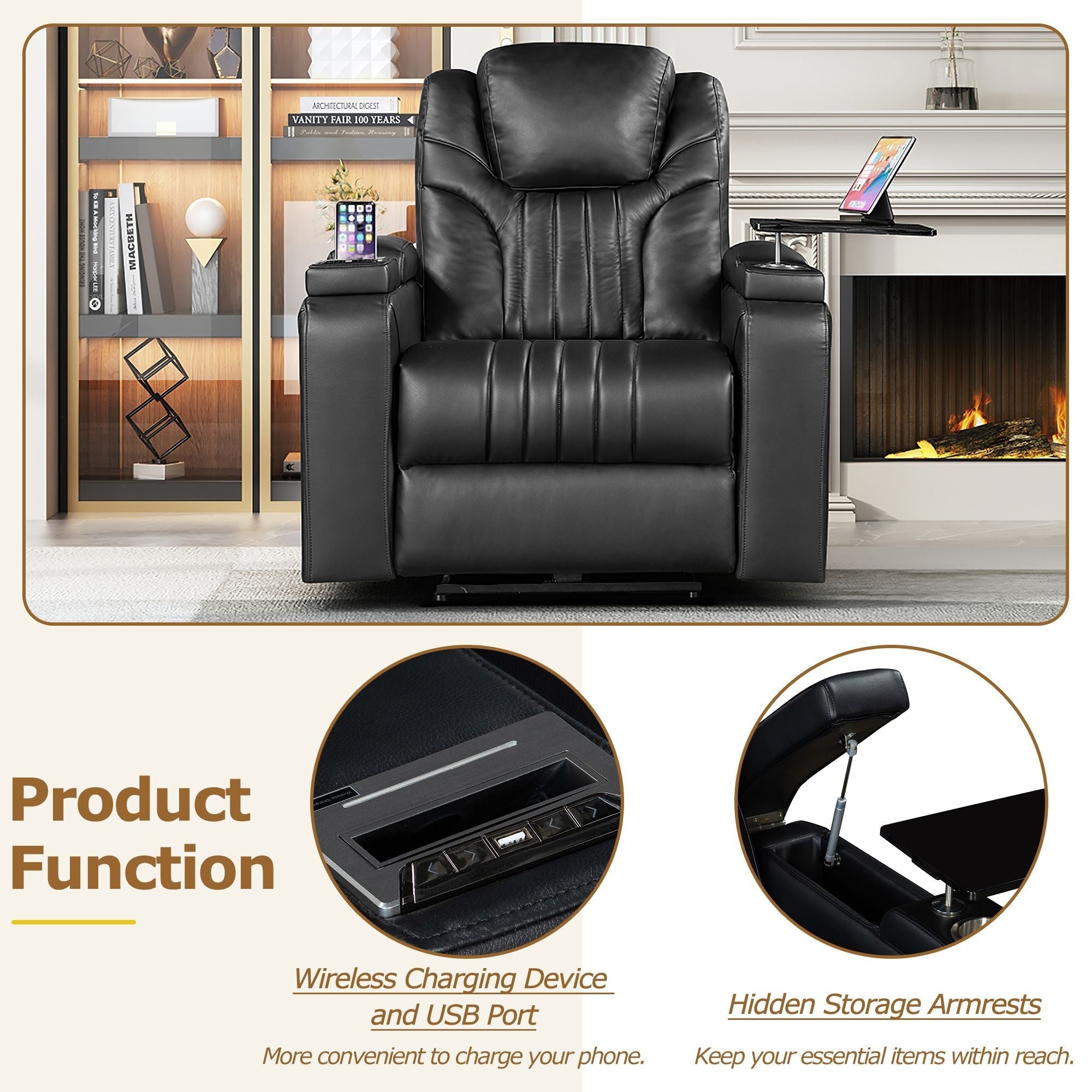 PU Leather Power Recliner Home Theater Recliner with Power Adjustable Headrest, Wireless Charging Device, USB Port, Storage Arms, Cup Holder and Swivel Tray Table for Living Room