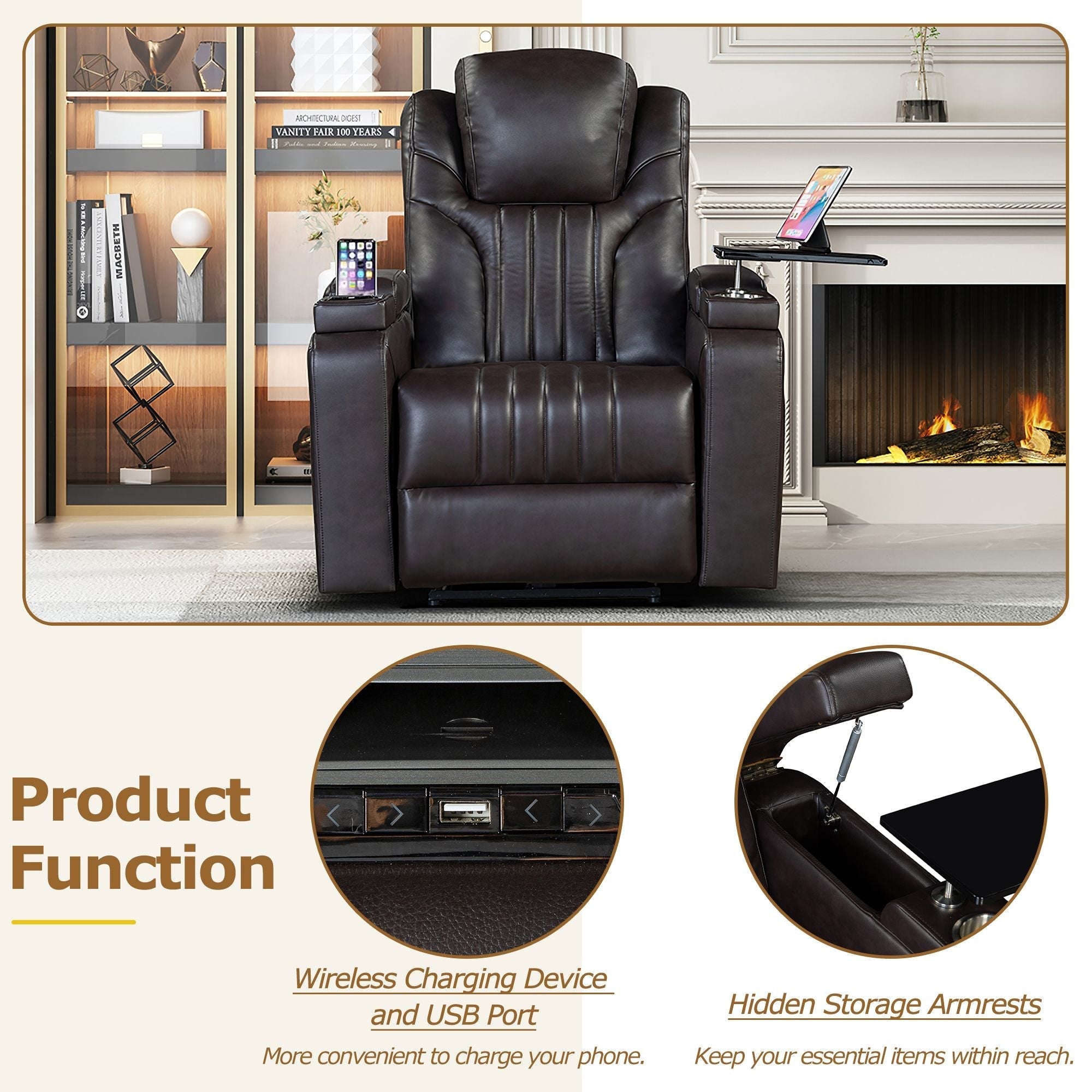 PU Leather Power Recliner Home Theater Recliner with Power Adjustable Headrest, Wireless Charging Device, USB Port, Storage Arms, Cup Holder and Swivel Tray Table for Living Room