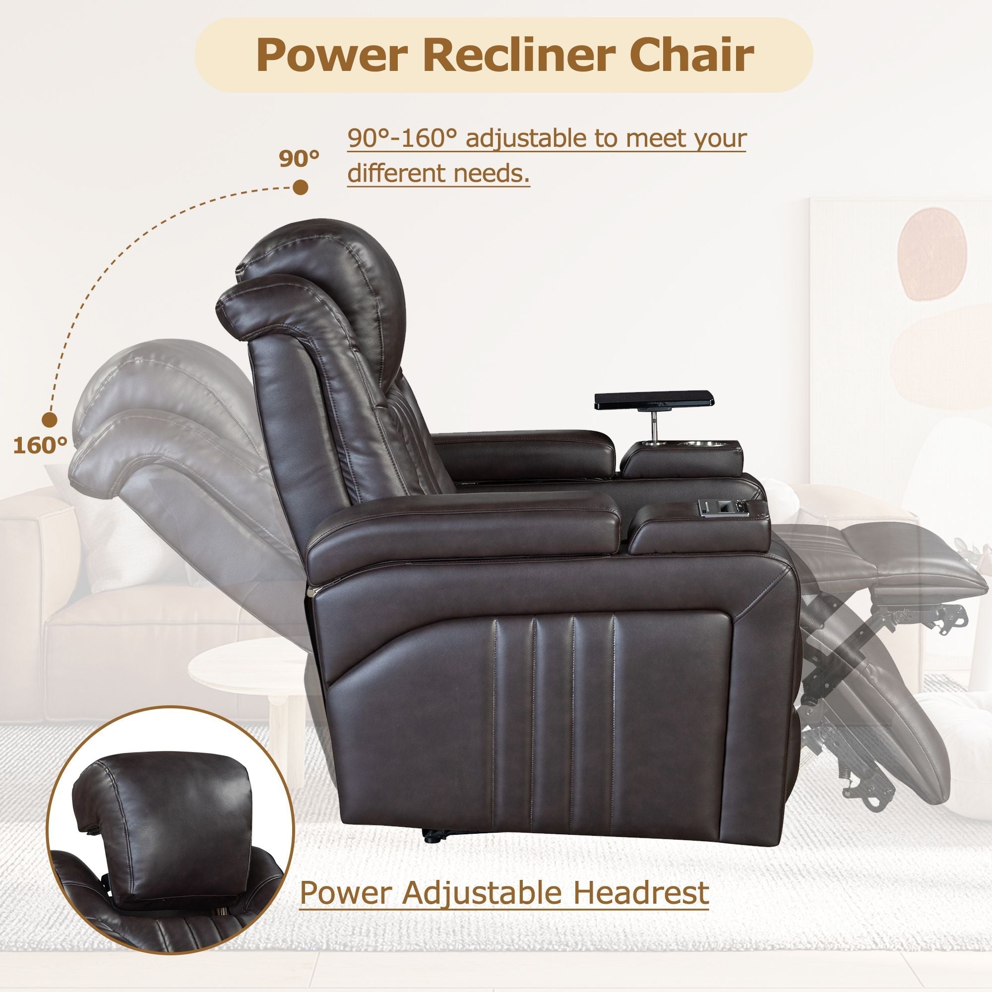 PU Leather Power Recliner Home Theater Recliner with Power Adjustable Headrest, Wireless Charging Device, USB Port, Storage Arms, Cup Holder and Swivel Tray Table for Living Room