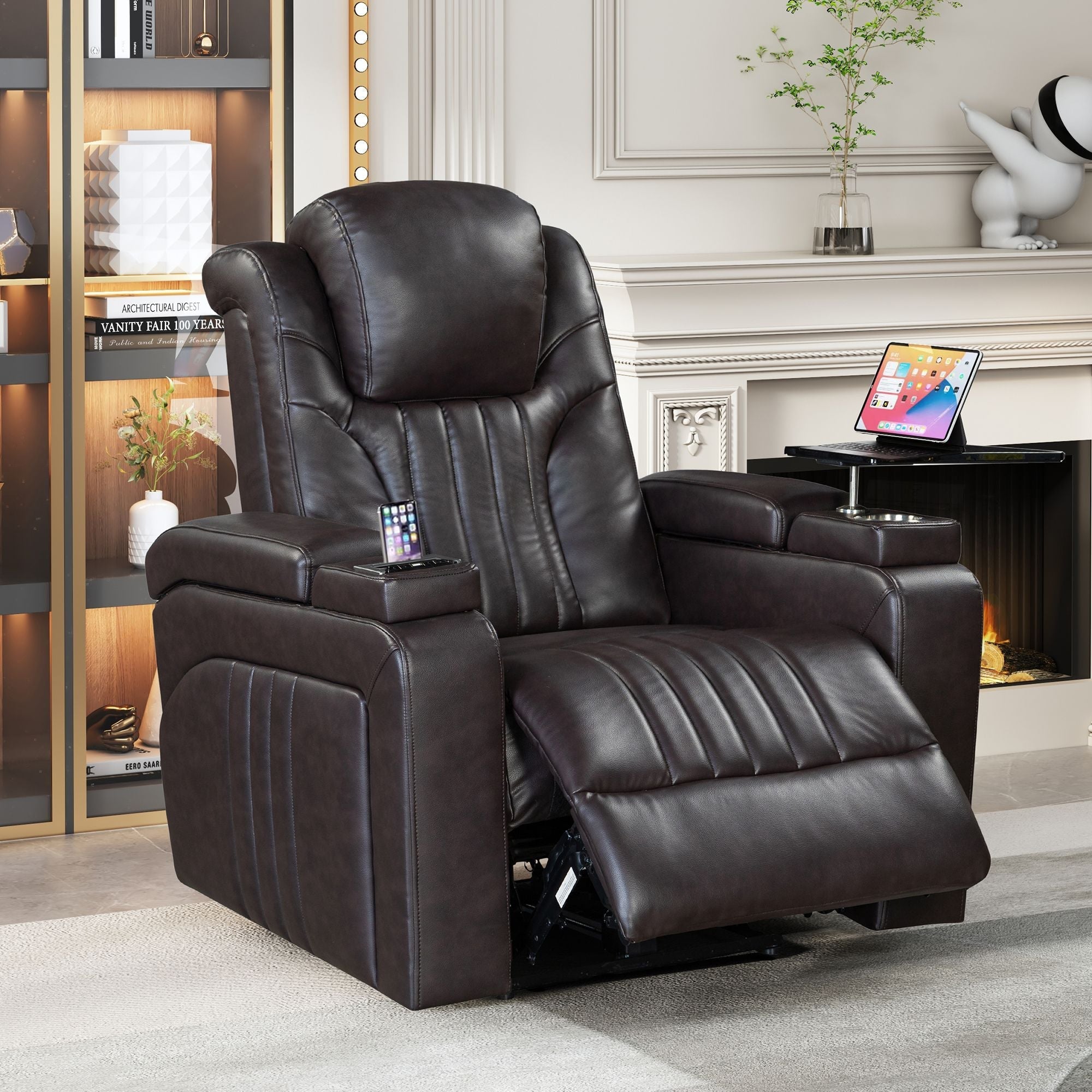 PU Leather Power Recliner Home Theater Recliner with Power Adjustable Headrest, Wireless Charging Device, USB Port, Storage Arms, Cup Holder and Swivel Tray Table for Living Room