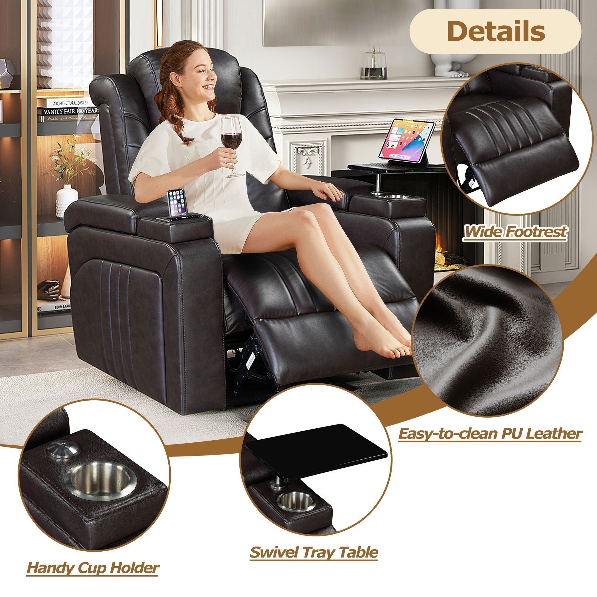 PU Leather Power Recliner Home Theater Recliner with Power Adjustable Headrest, Wireless Charging Device, USB Port, Storage Arms, Cup Holder and Swivel Tray Table for Living Room