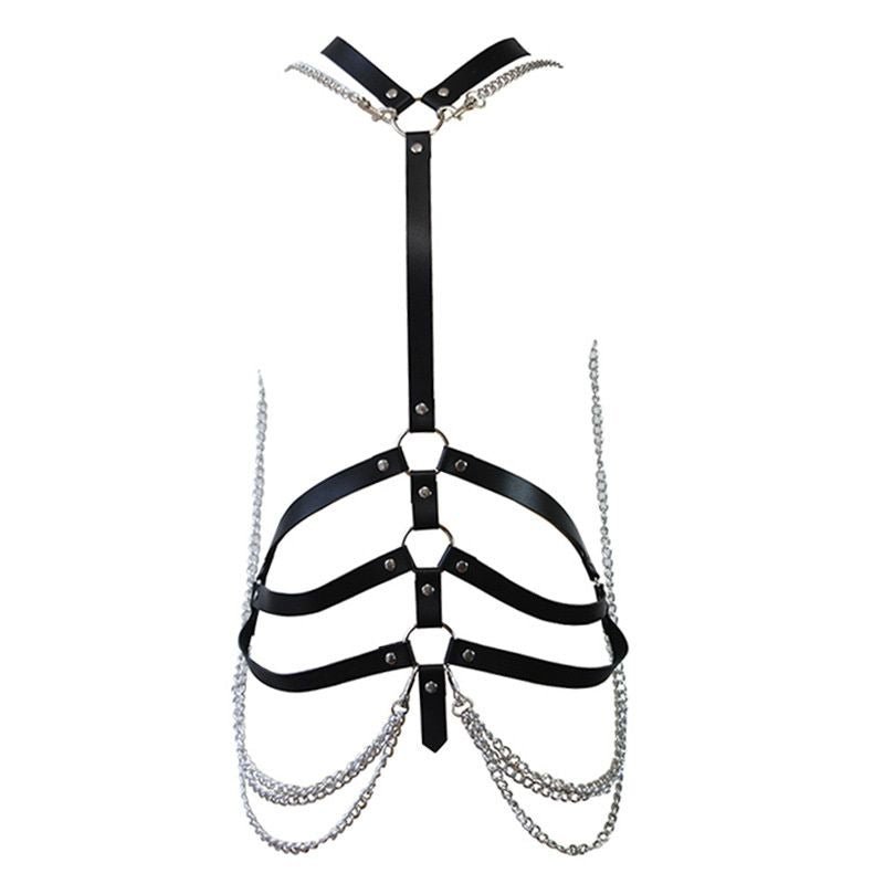 Punk Black Waist Chain Belt Leather Choker Belt One Piece Bra Chain Body Jewelry Accessories for Women and Girls