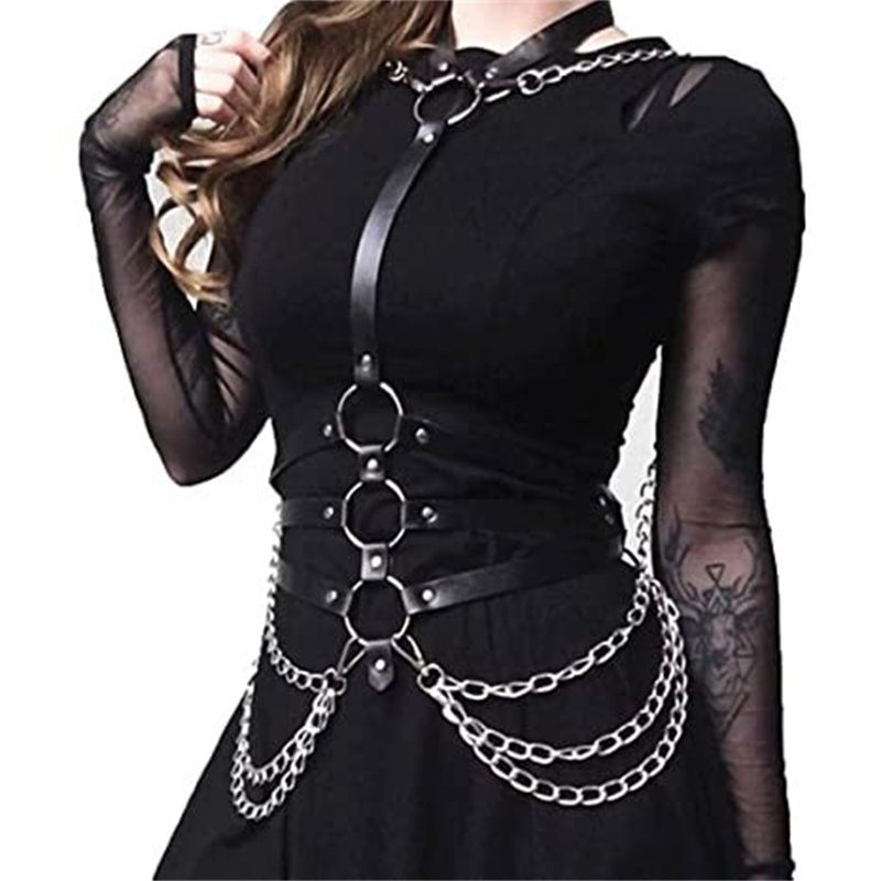 Punk Black Waist Chain Belt Leather Choker Belt One Piece Bra Chain Body Jewelry Accessories for Women and Girls