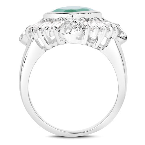 "2.57 Carat Genuine Emerald, White Topaz and White Diamond .925 Sterling Silver Ring