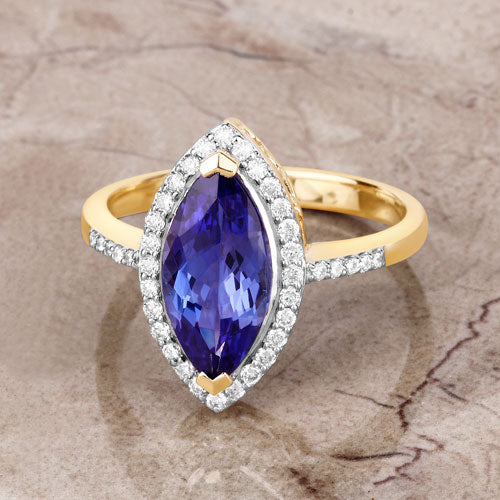 2.33 Carat Genuine Tanzanite and White Diamond 14K Yellow Gold Ring