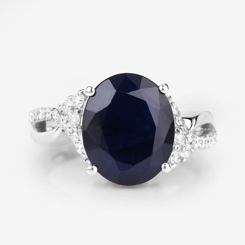 6.54 Carat Genuine Blue Sapphire and White Diamond 14K White Gold Ring