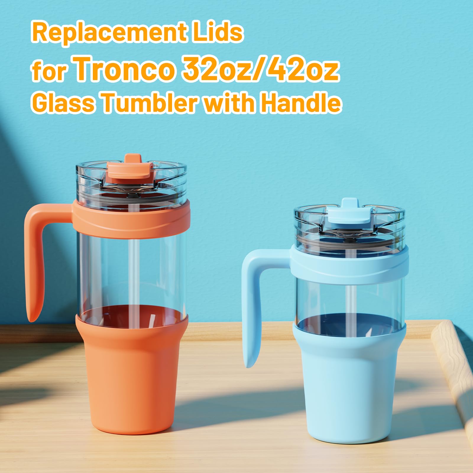 Replacement Bamboo Lid for Tumblers, Press-In Lid, Fits Tronco 32 oz 42 oz Glass Tumblers with Handle, Amber