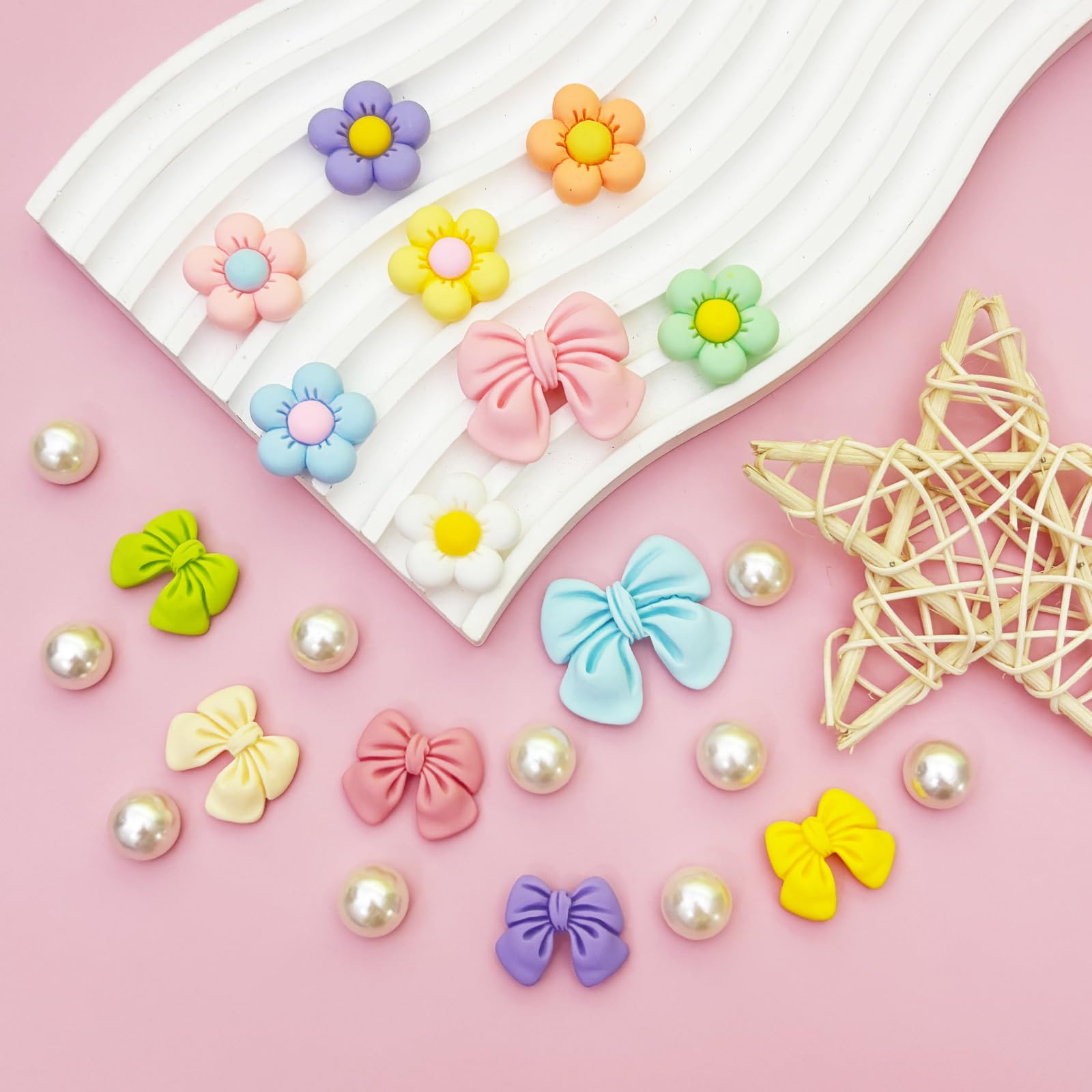 Resin Pink Bow Shoe Charms for Girls, 24Pcs Cute Flower Accessories for Clog Sandals, Pearl Decoration for Women, DIY Party Favor