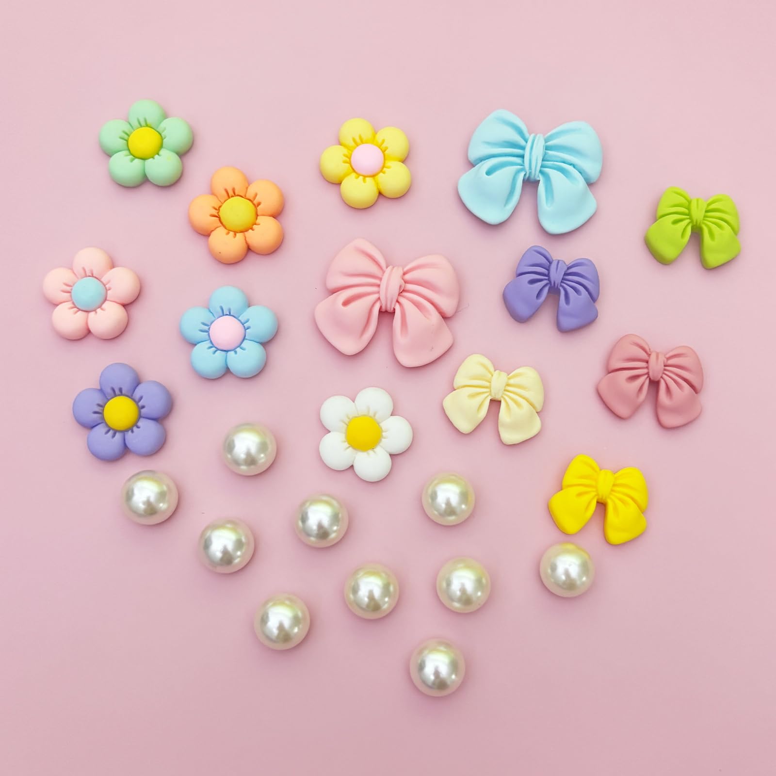 Resin Pink Bow Shoe Charms for Girls, 24Pcs Cute Flower Accessories for Clog Sandals, Pearl Decoration for Women, DIY Party Favor