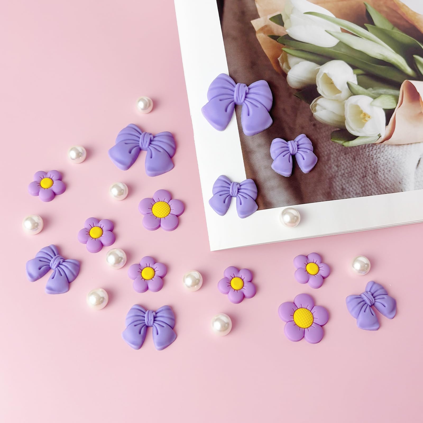 Resin Pink Bow Shoe Charms for Girls, 24Pcs Cute Flower Accessories for Clog Sandals, Pearl Decoration for Women, DIY Party Favor