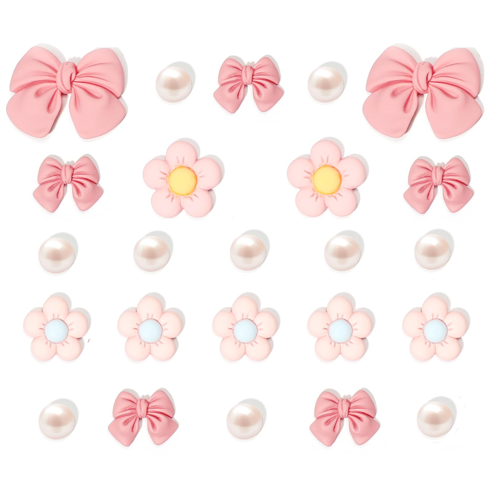 Resin Pink Bow Shoe Charms for Girls, 24Pcs Cute Flower Accessories for Clog Sandals, Pearl Decoration for Women, DIY Party Favor