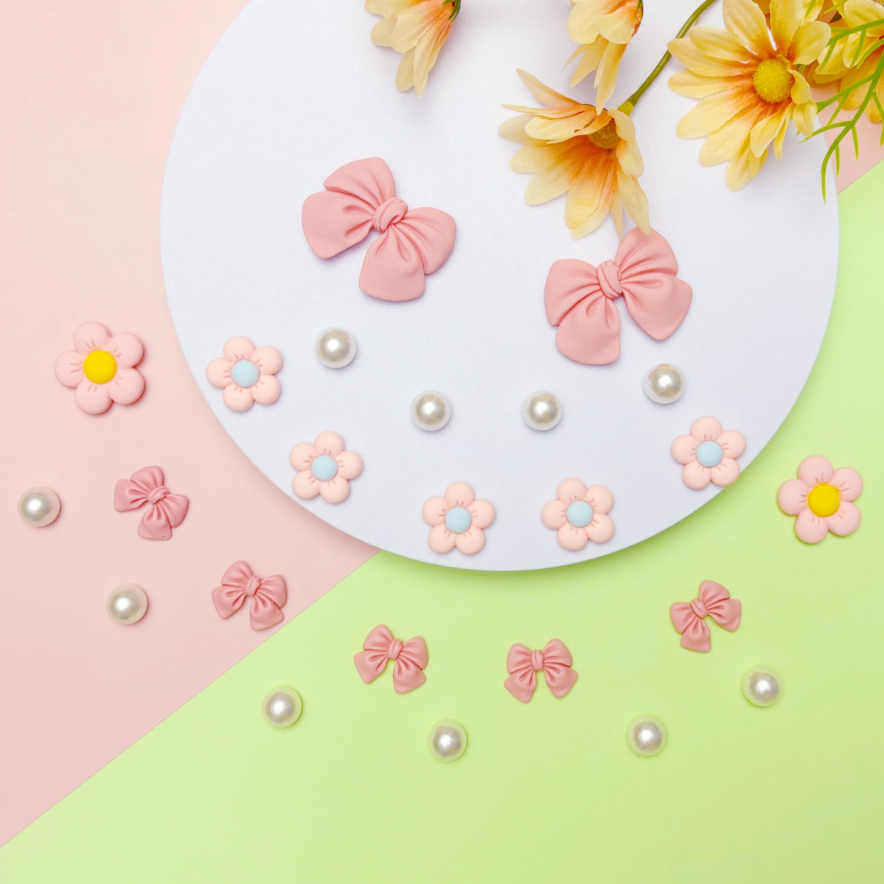 Resin Pink Bow Shoe Charms for Girls, 24Pcs Cute Flower Accessories for Clog Sandals, Pearl Decoration for Women, DIY Party Favor