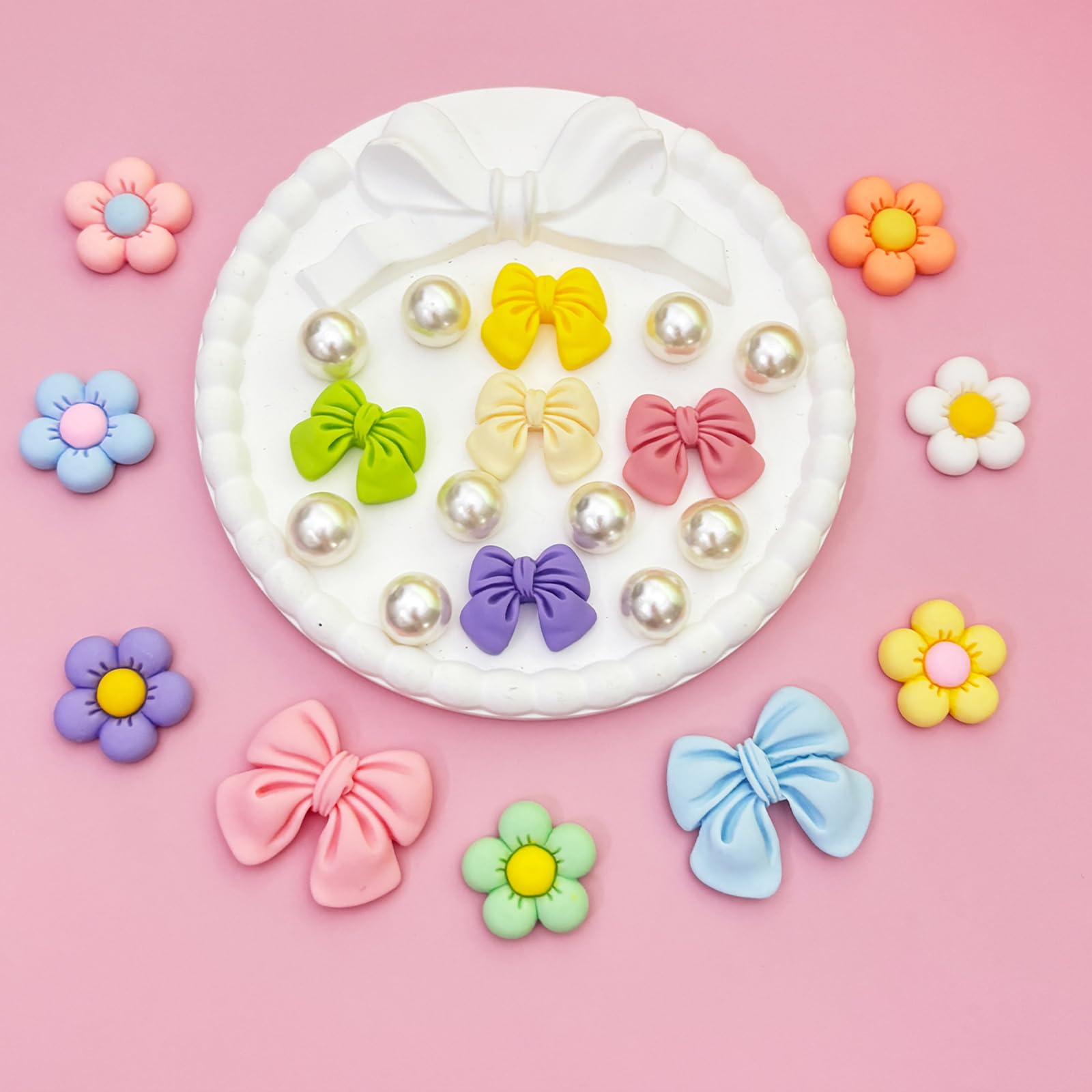 Resin Pink Bow Shoe Charms for Girls, 24Pcs Cute Flower Accessories for Clog Sandals, Pearl Decoration for Women, DIY Party Favor