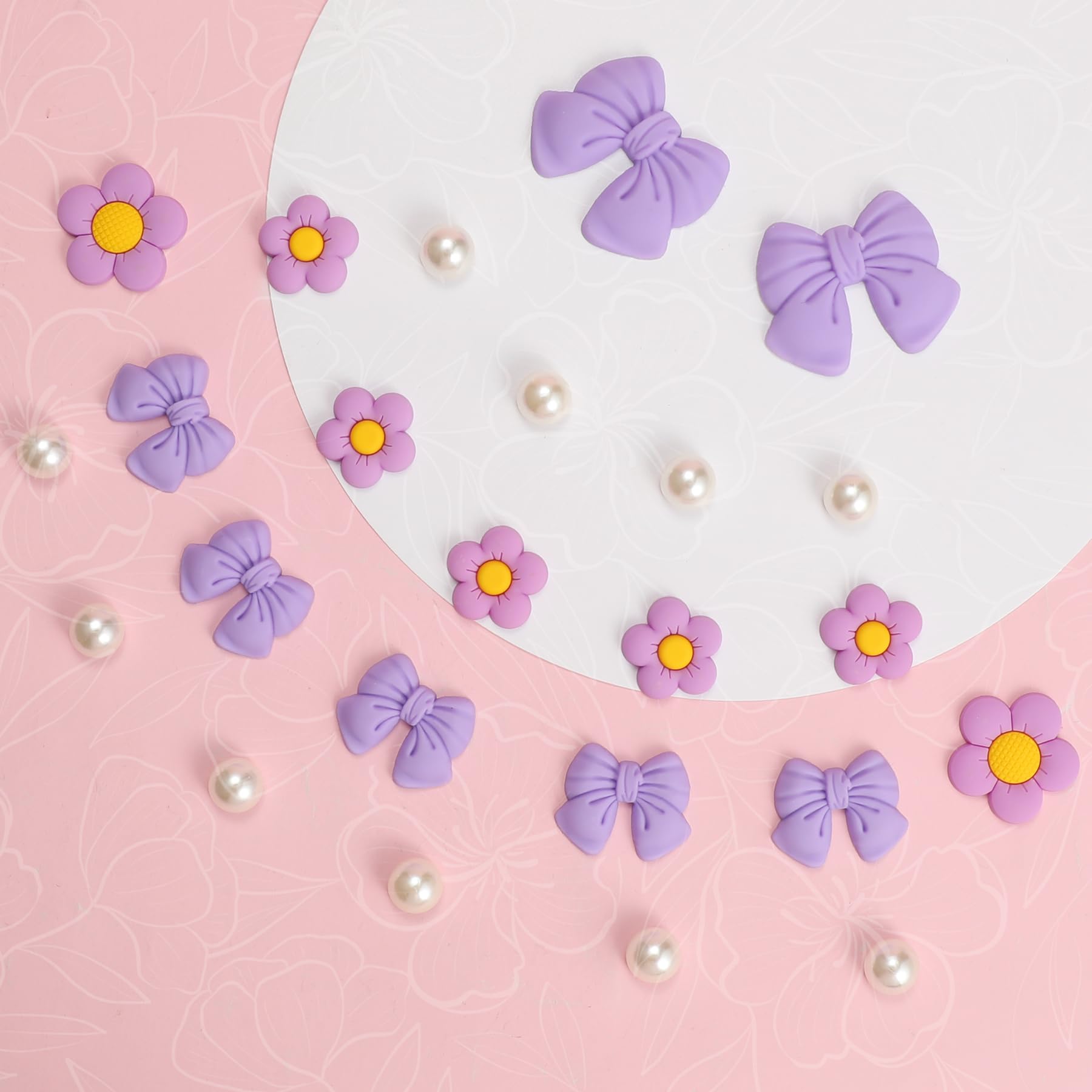 Resin Pink Bow Shoe Charms for Girls, 24Pcs Cute Flower Accessories for Clog Sandals, Pearl Decoration for Women, DIY Party Favor