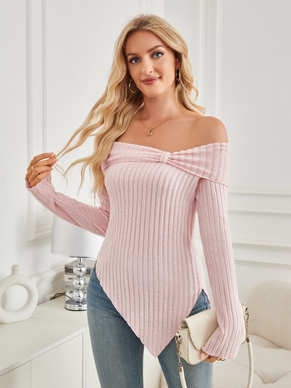 Ribbed Asymmetrical Hem Off-Shoulder Long Sleeve T-Shirt For women size Small to 2XL