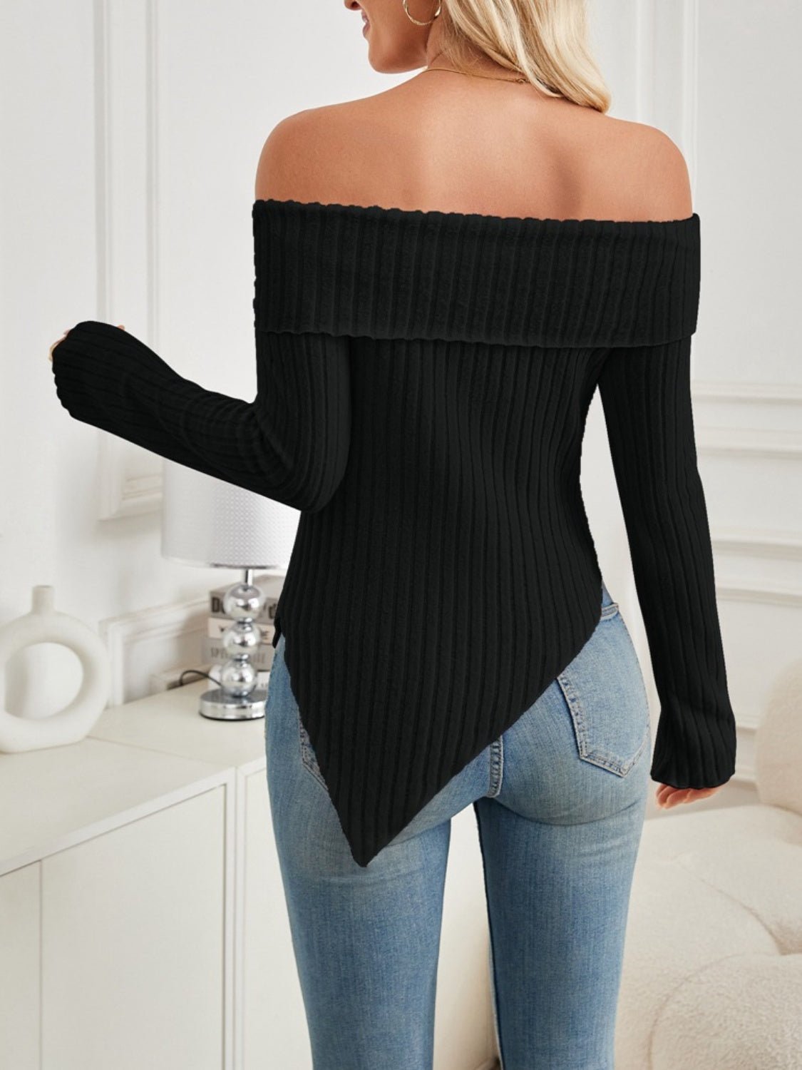 Ribbed Asymmetrical Hem Off-Shoulder Long Sleeve T-Shirt For women size Small to 2XL