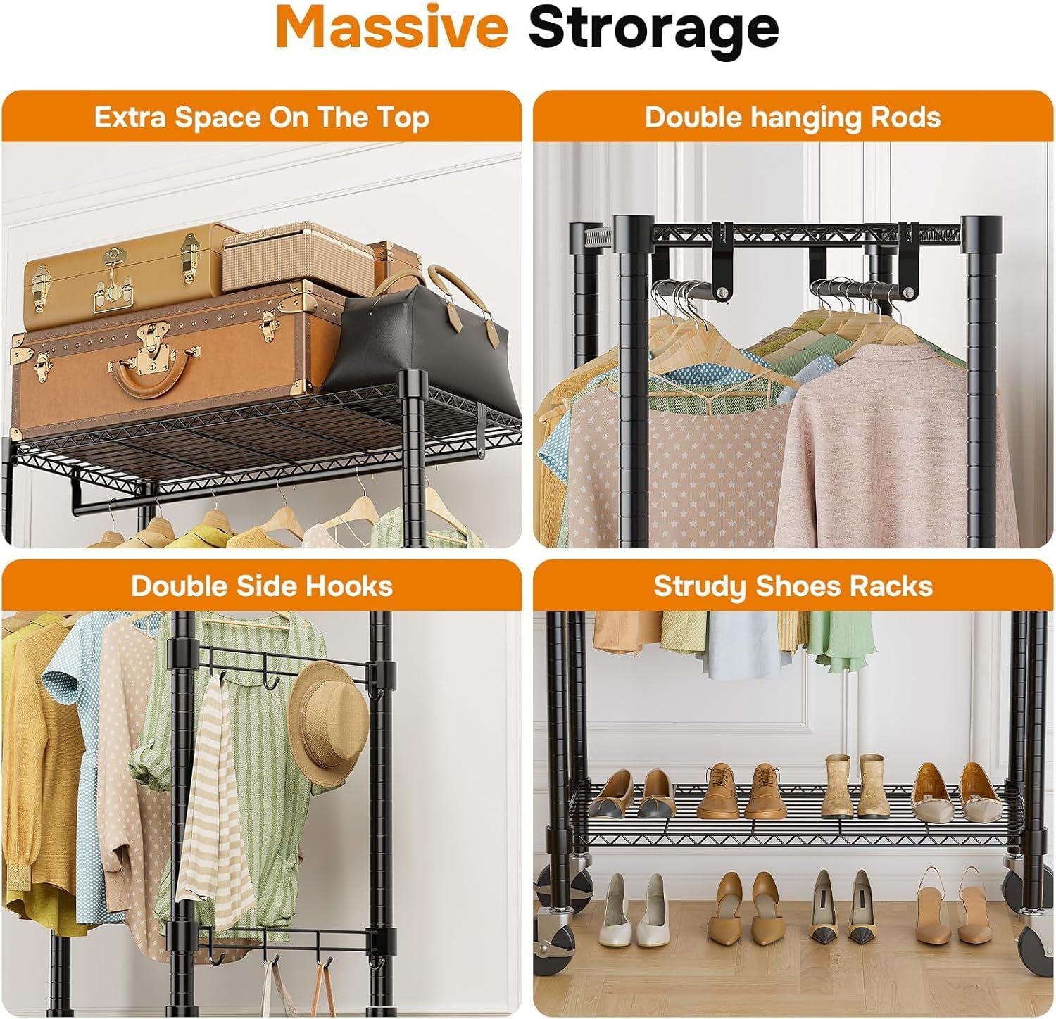 Rolling Clothes Rack, Heavy Duty Clothing Rack, 3-Shelf Portable Adjustable Wardrobe Closet with Wheels, Hanging Rods & Side Hooks, 29.5" W x 15.7" D x 75.6" H, Black