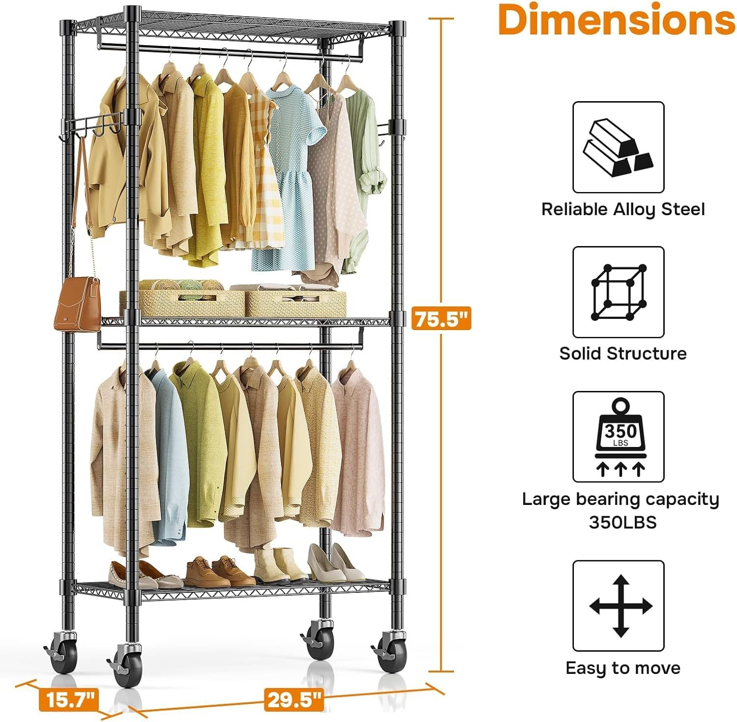 Rolling Clothes Rack, Heavy Duty Clothing Rack, 3-Shelf Portable Adjustable Wardrobe Closet with Wheels, Hanging Rods & Side Hooks, 29.5" W x 15.7" D x 75.6" H, Black