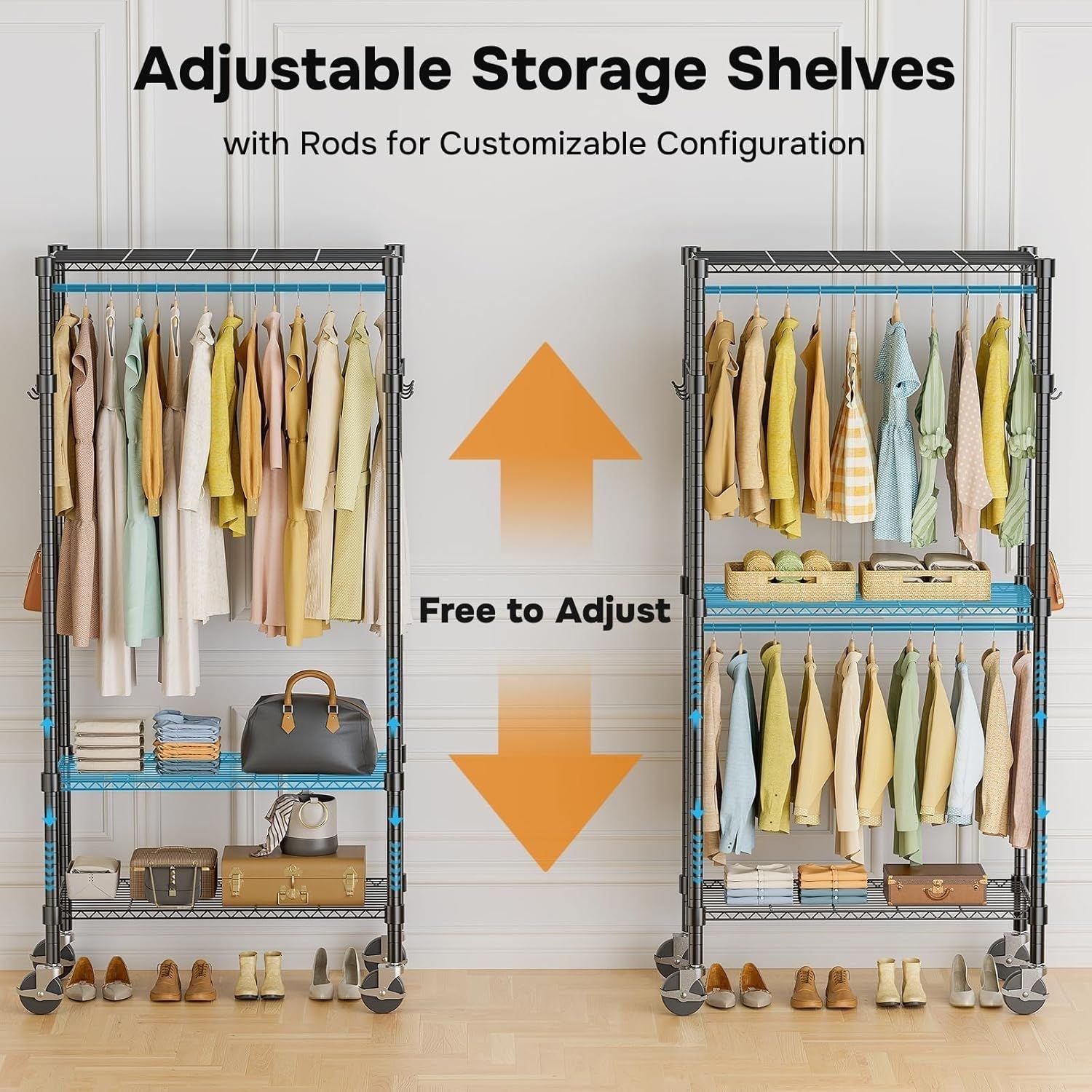 Rolling Clothes Rack, Heavy Duty Clothing Rack, 3-Shelf Portable Adjustable Wardrobe Closet with Wheels, Hanging Rods & Side Hooks, 29.5" W x 15.7" D x 75.6" H, Black