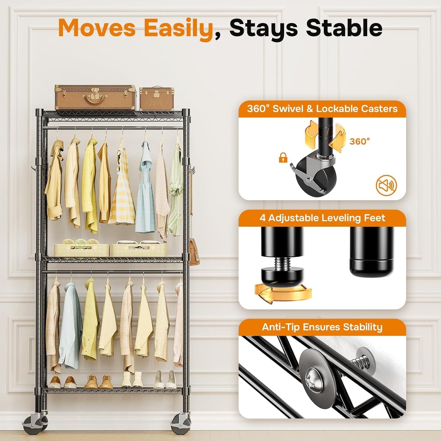 Rolling Clothes Rack, Heavy Duty Clothing Rack, 3-Shelf Portable Adjustable Wardrobe Closet with Wheels, Hanging Rods & Side Hooks, 29.5" W x 15.7" D x 75.6" H, Black