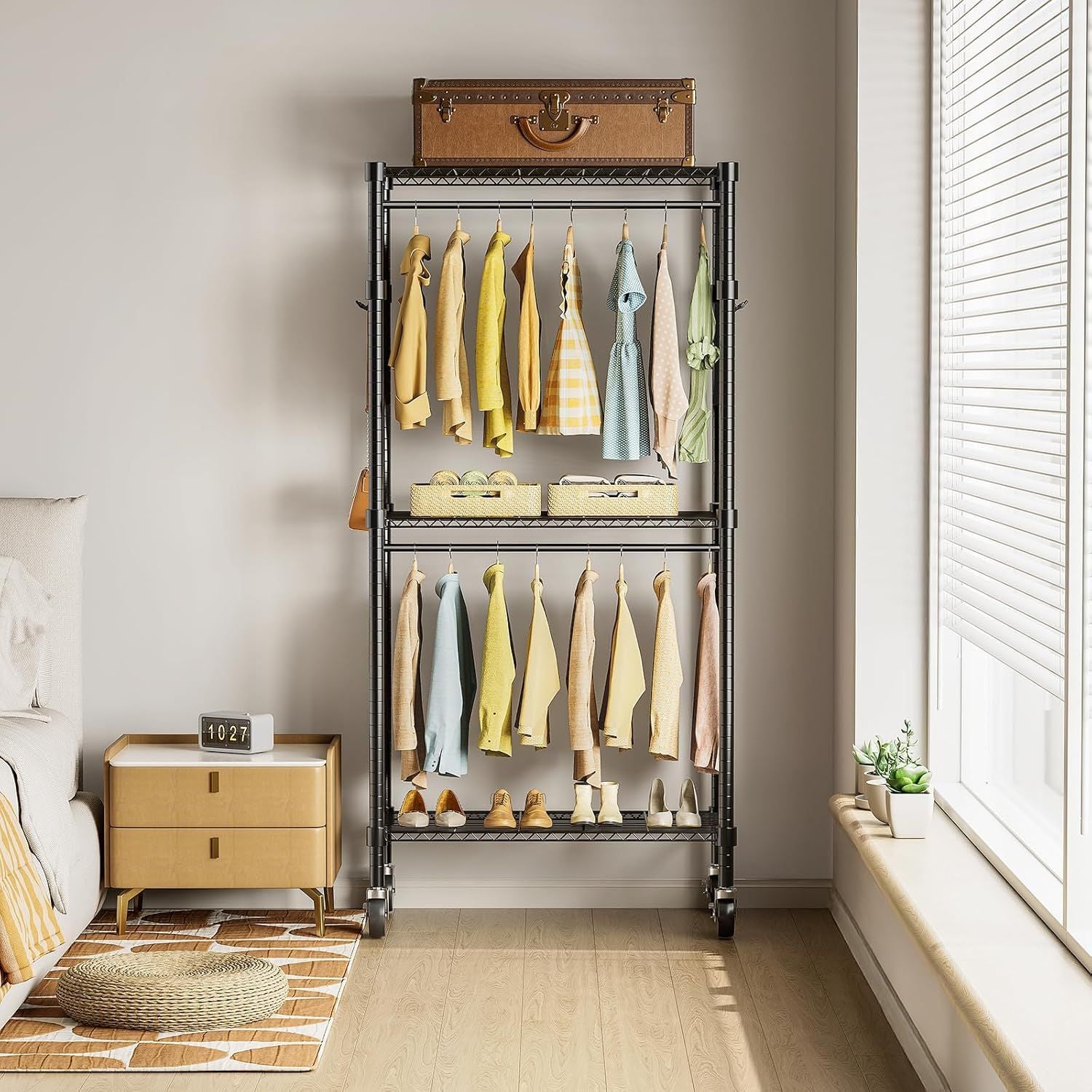 Rolling Clothes Rack, Heavy Duty Clothing Rack, 3-Shelf Portable Adjustable Wardrobe Closet with Wheels, Hanging Rods & Side Hooks, 29.5" W x 15.7" D x 75.6" H, Black