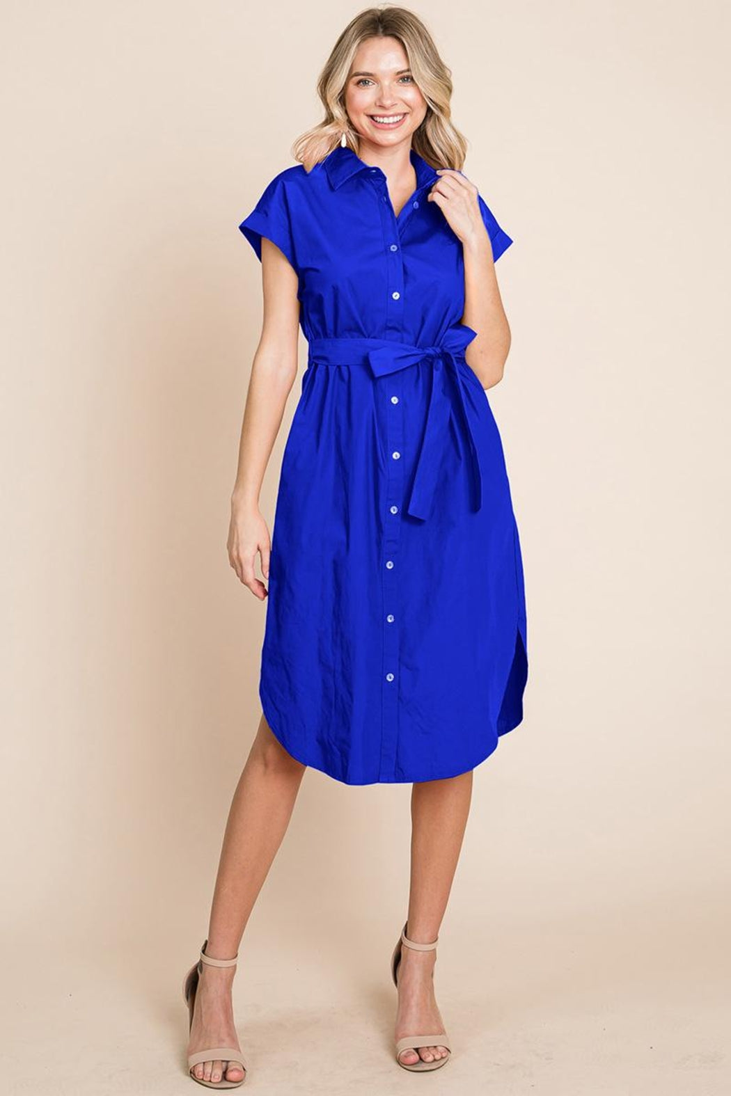 Button Up Tie Waist Poplin Pocketed Shirt Dress