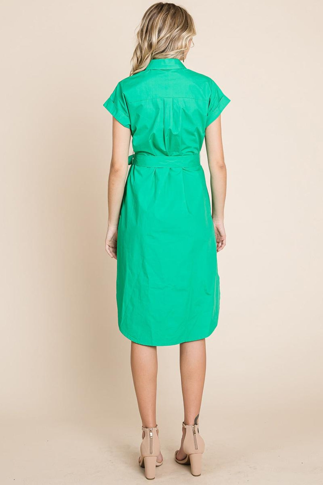 Button Up Tie Waist Poplin Pocketed Shirt Dress