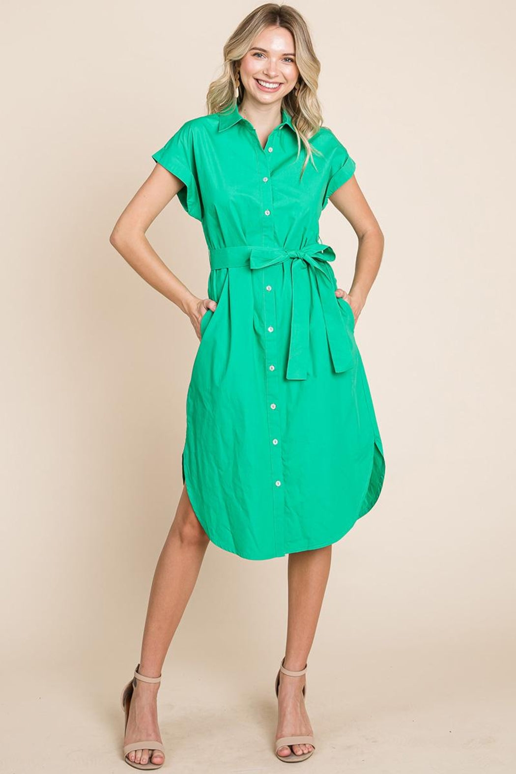 Button Up Tie Waist Poplin Pocketed Shirt Dress