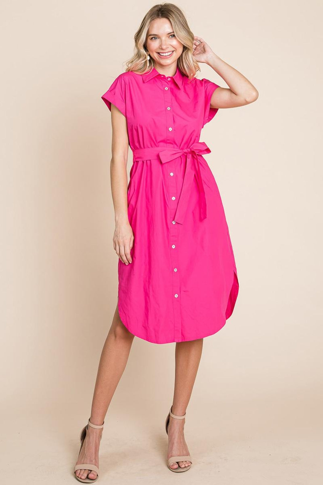 Button Up Tie Waist Poplin Pocketed Shirt Dress