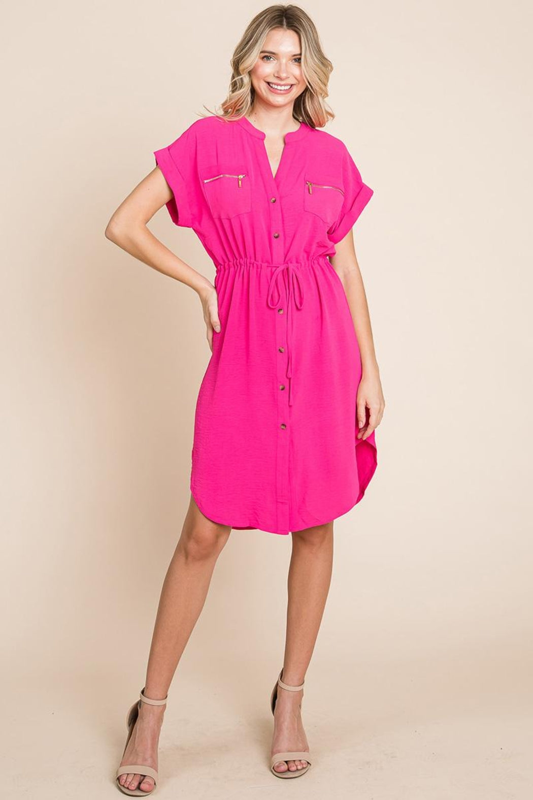 Button Up Tie Waist V Neck Shirt Dress