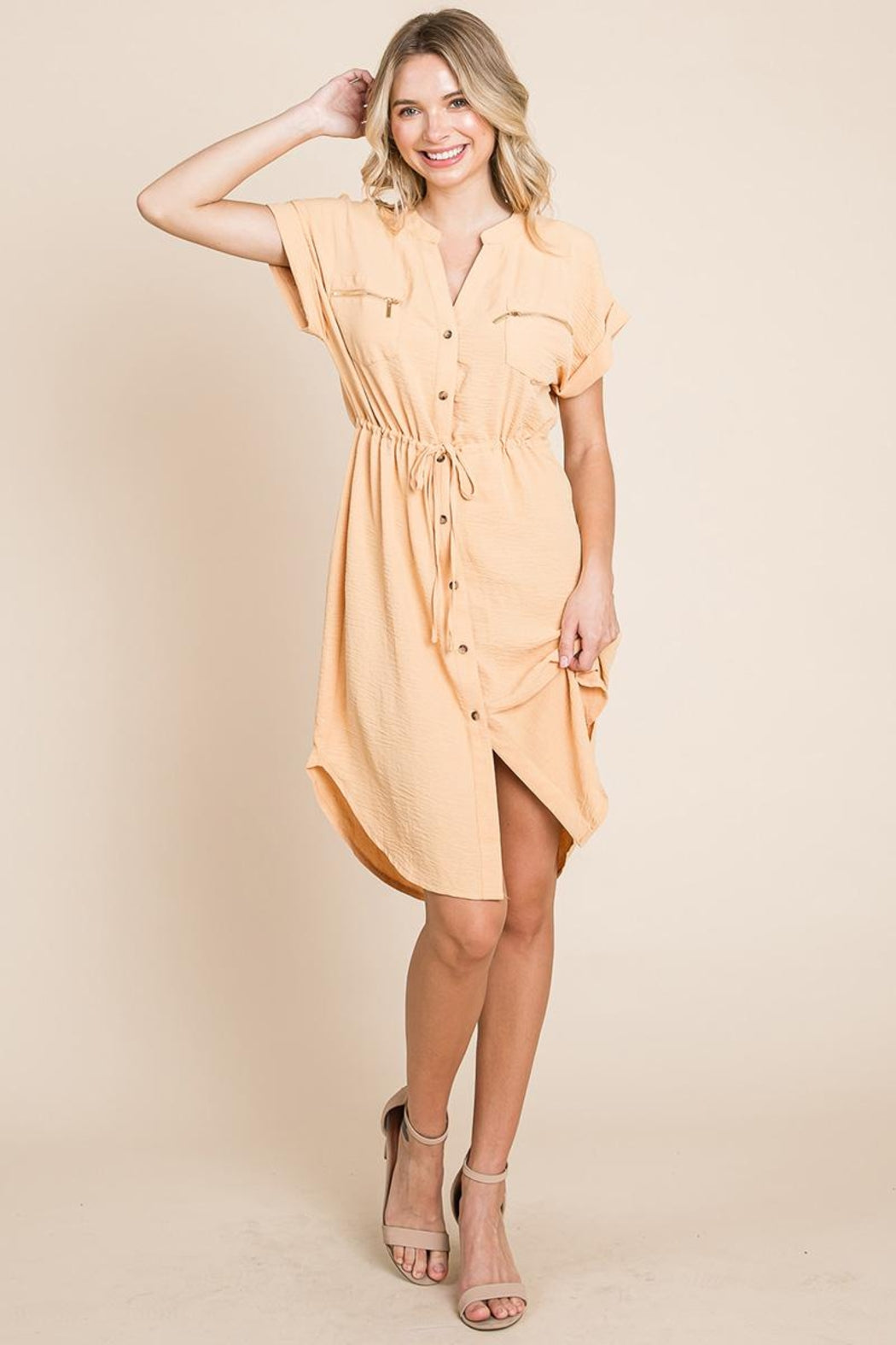 Button Up Tie Waist V Neck Shirt Dress