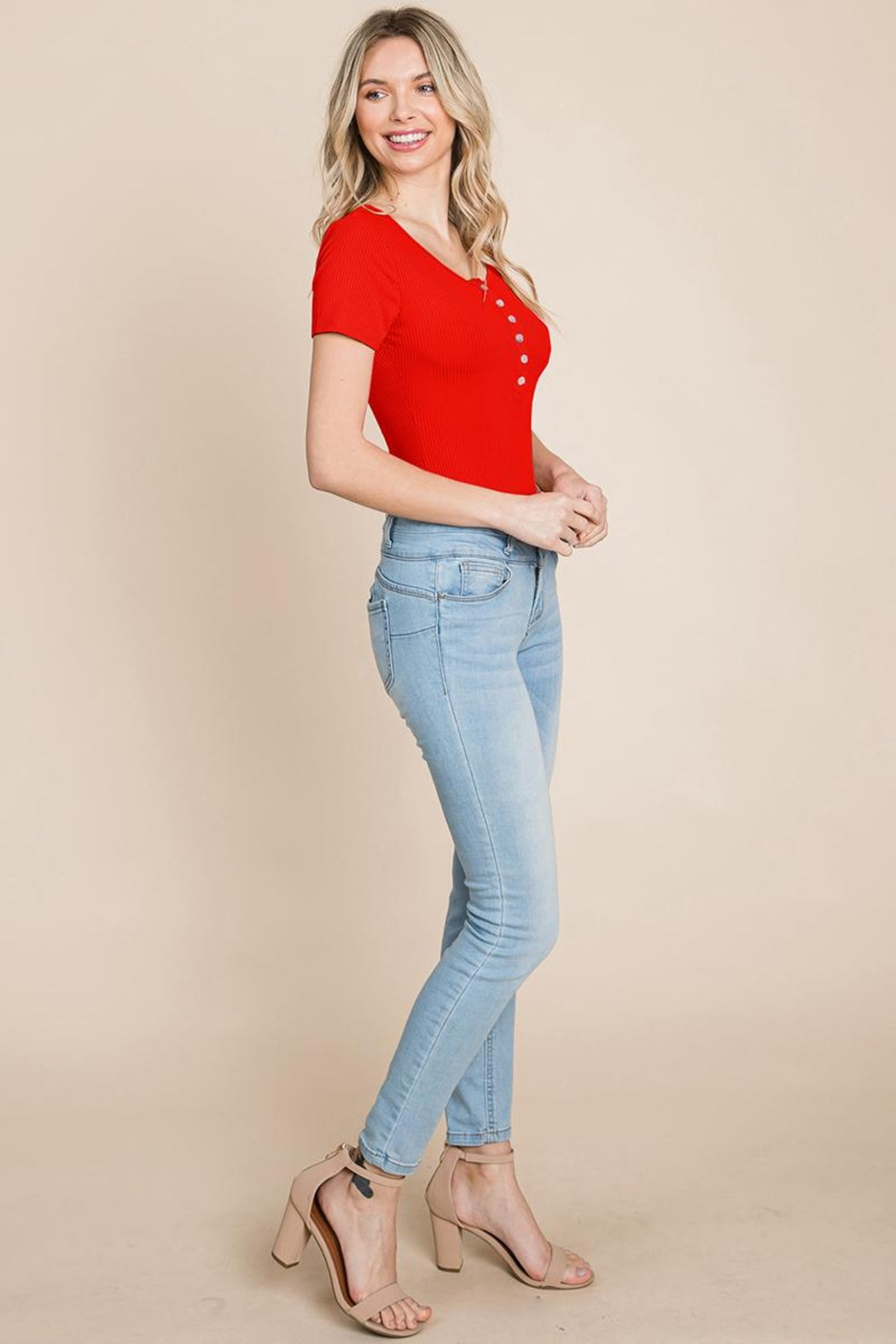 Short Sleeve Scoop Neck Ribbed Henley Bodysuit