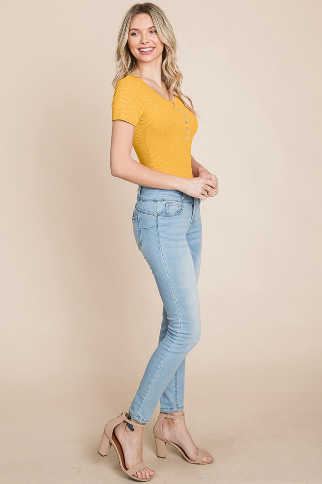 Short Sleeve Scoop Neck Ribbed Henley Bodysuit