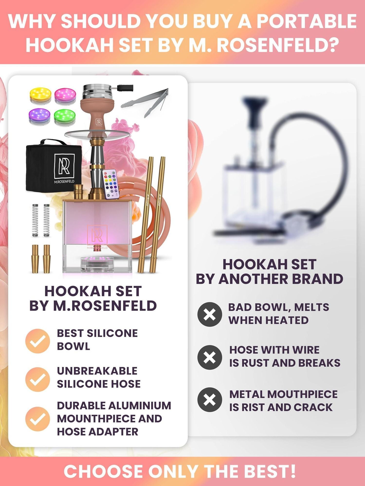Rose Gold Hookah Set 2 Hose YADO Square Hookah To Go with Hookah Charcoal Holder Heat Management Device and Big Rose Silicone Hookah Bowl and Bag for Shisha Portable Hookah Set with Everything