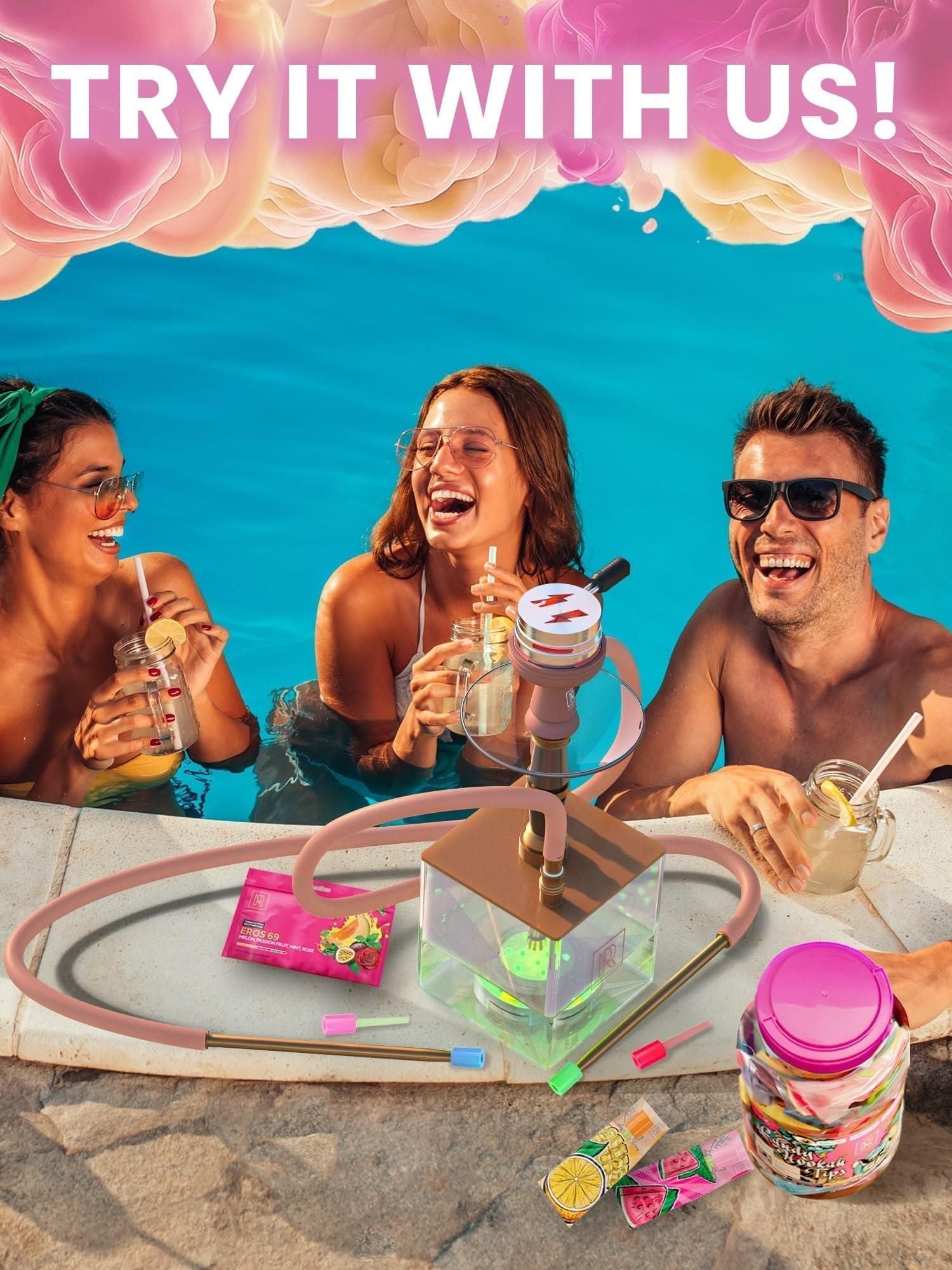 Rose Gold Hookah Set 2 Hose YADO Square Hookah To Go with Hookah Charcoal Holder Heat Management Device and Big Rose Silicone Hookah Bowl and Bag for Shisha Portable Hookah Set with Everything