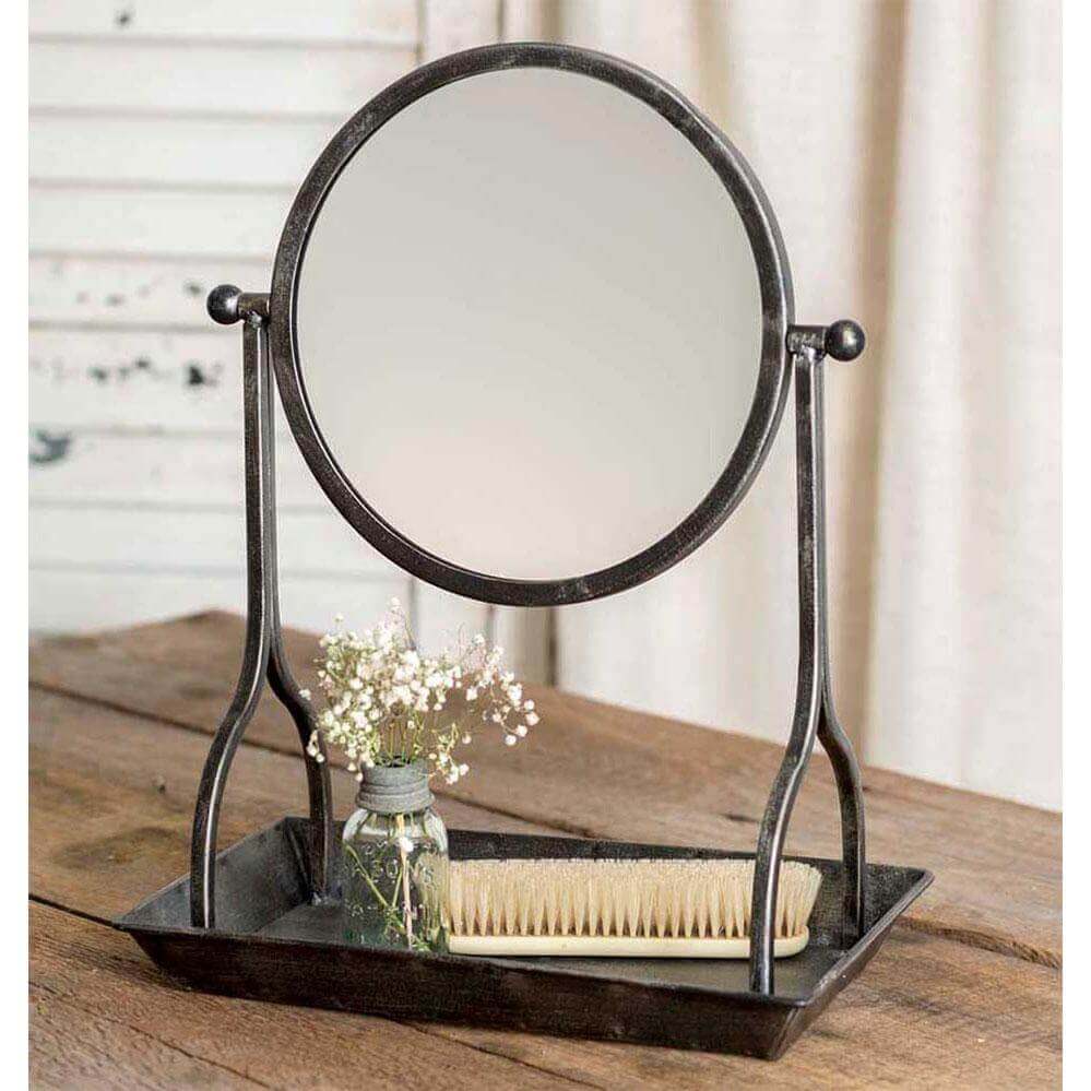 Round Vintage Countertop Mirror with Vanity Tray