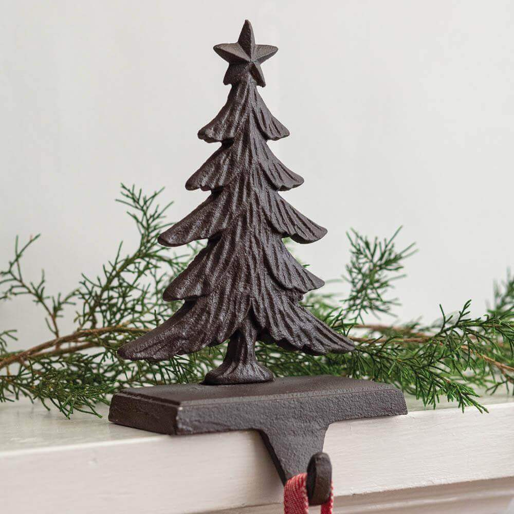 Rustic Christmas Tree Stocking Holder in Cast Iron