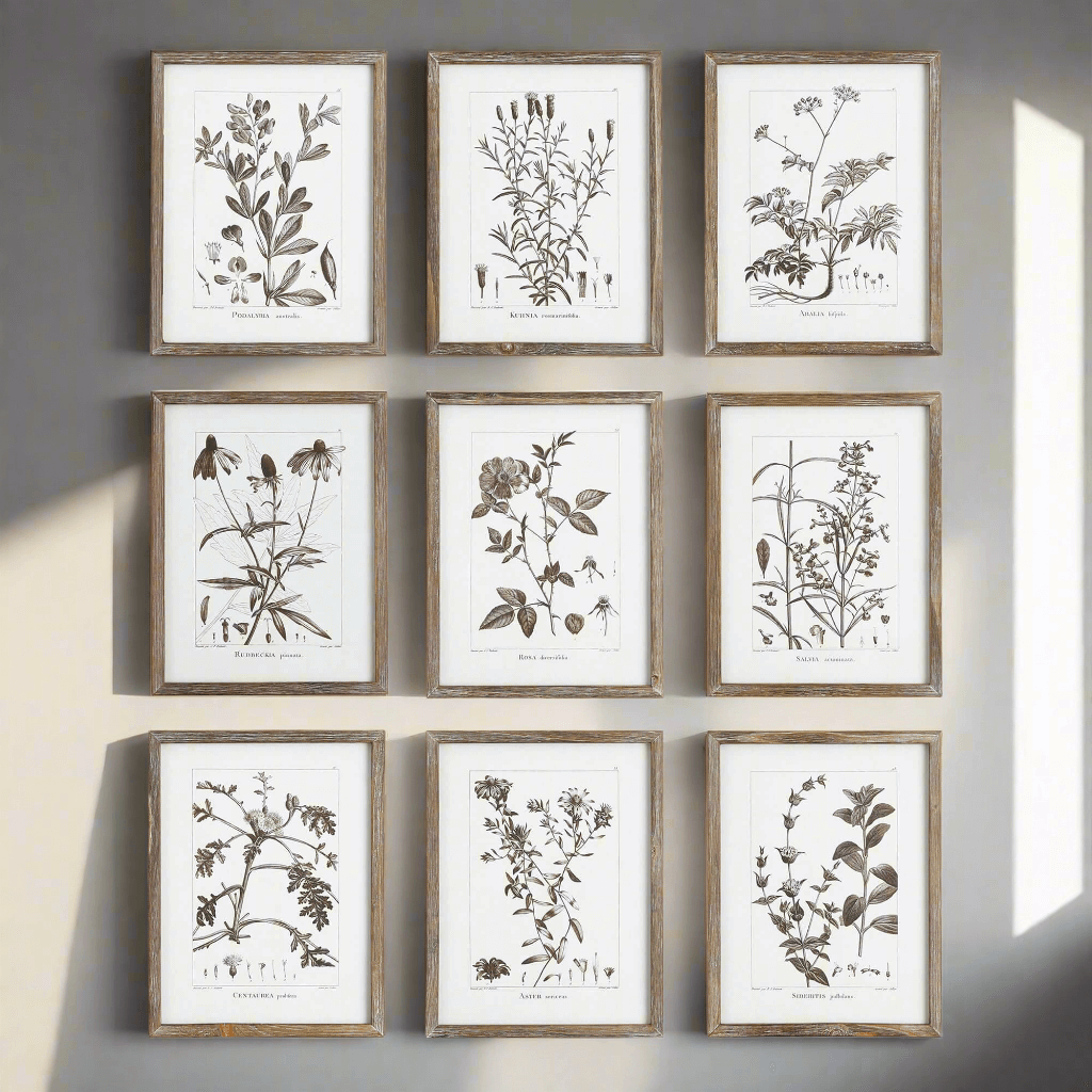 Rustic Botanical Sepia Wall Art Prints (Set of 9)
