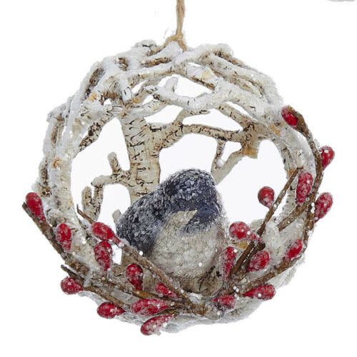 4 Inch Cardinal/Chikadee In Birch Ball - 1 Chickadee