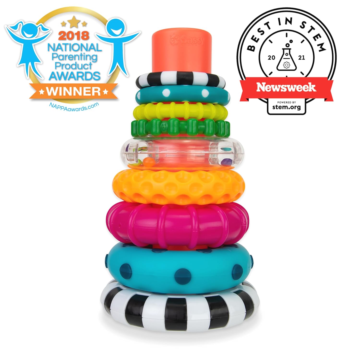 Sassy Stacks of Circles Stacking Ring STEM Learning Toy, Age 6+ Months, Multi, 9 Piece Set