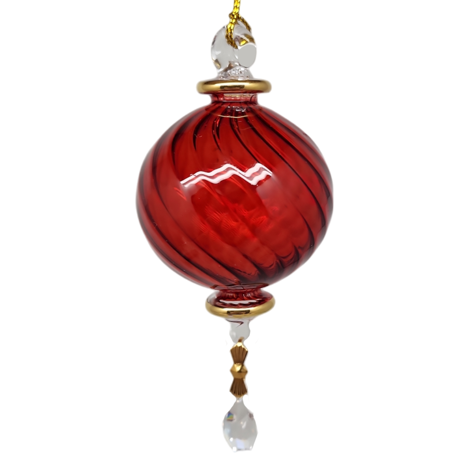 Small Sphere Glass With Ribbed Groove  and Gold Accents - Christmas Red