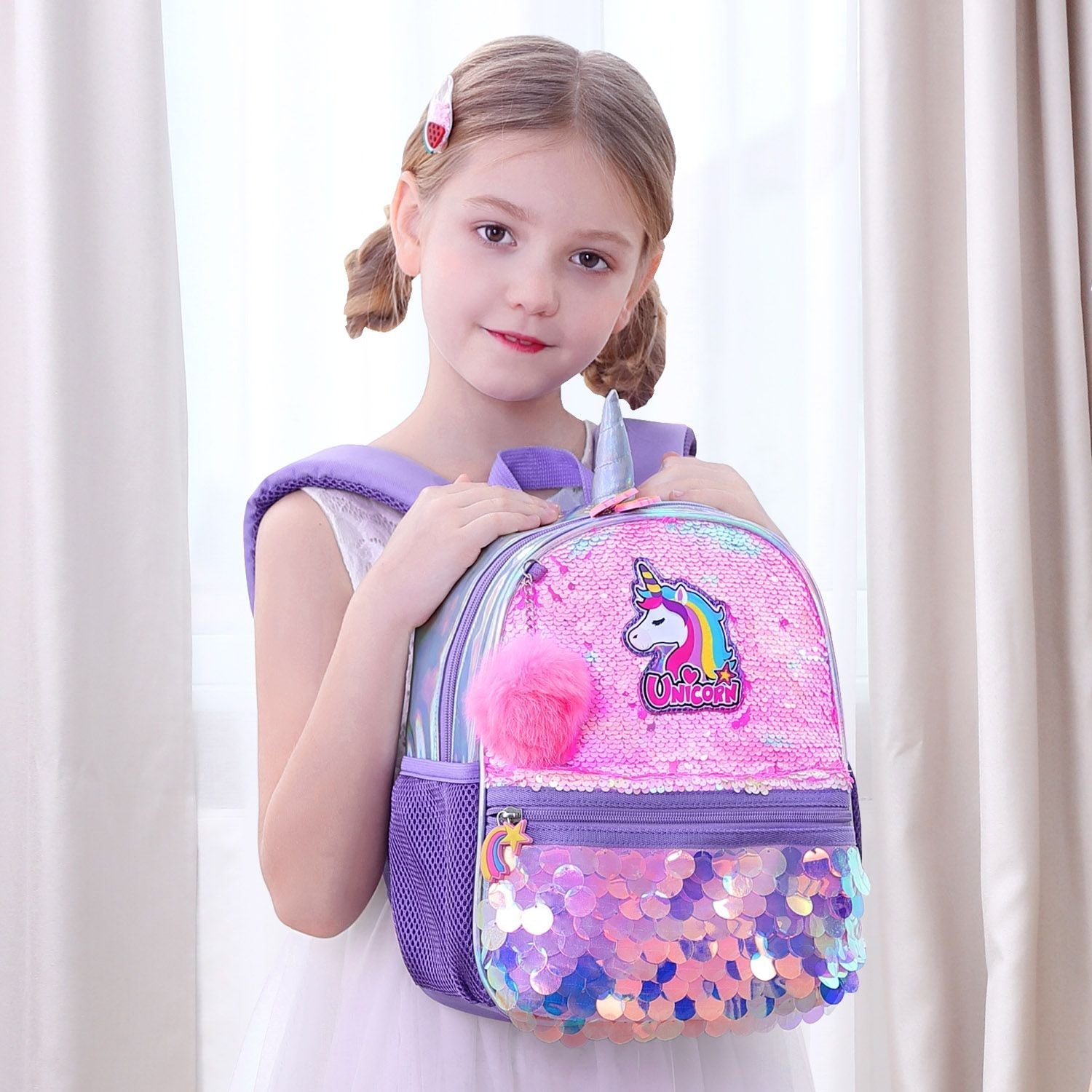 School Backpacks for Kids Girls - SUNVENO Girls Unicorn Backpacks Preschool Girls Bag Sequins School Bag Toddler Backpack Animal for Children 3-8 Yrs, 12 10 4.5", Pink