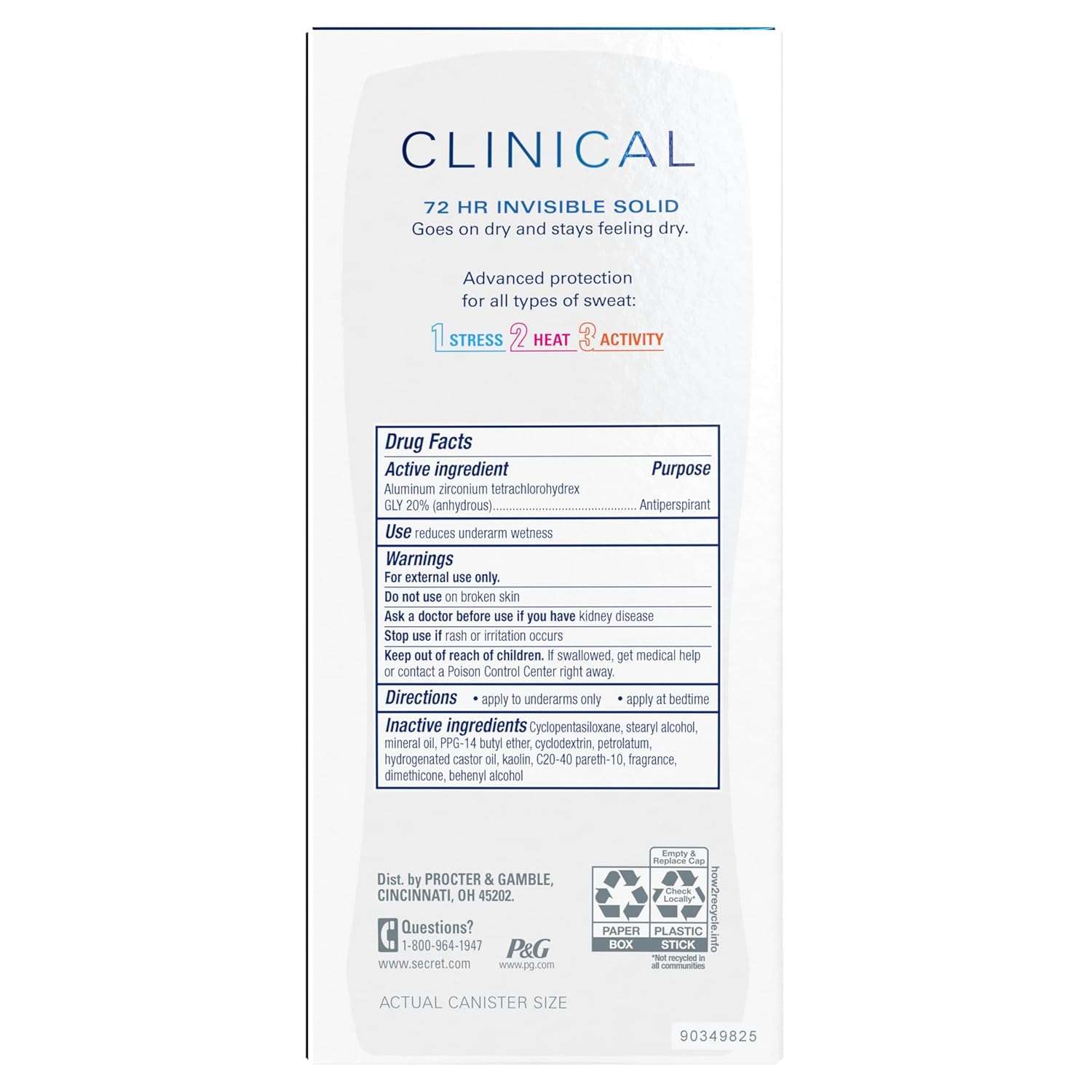 Secret Clinical Strength Antiperspirant Deodorant for Women, 3X Stress Protection, 72hr Sweat & Odor Protection, PH Balancing Minerals, Invisible Solid, Completely Clean Scent, 2.6 oz