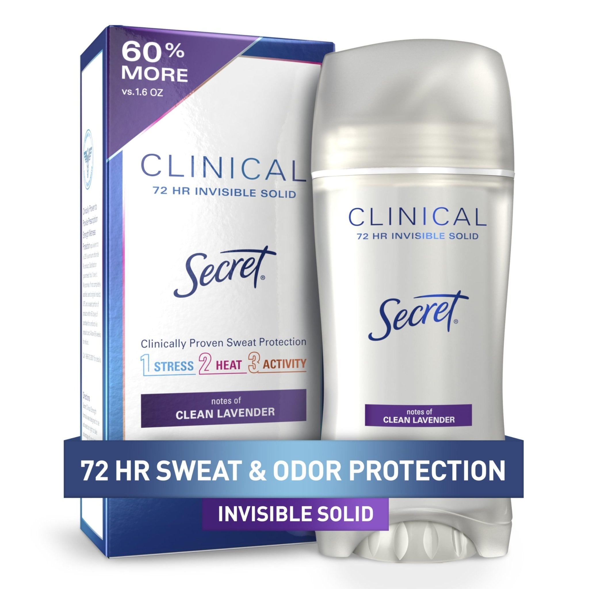 Secret Clinical Strength Antiperspirant Deodorant for Women, 3X Stress Protection, 72hr Sweat & Odor Protection, PH Balancing Minerals, Invisible Solid, Completely Clean Scent, 2.6 oz