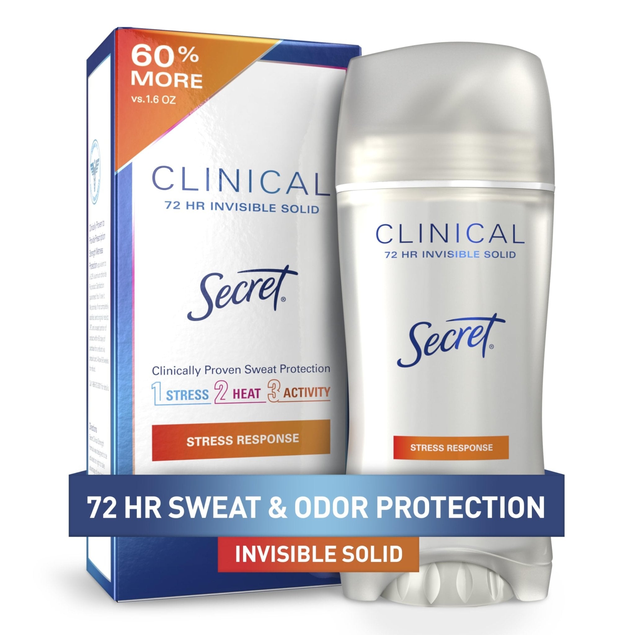 Secret Clinical Strength Antiperspirant Deodorant for Women, 3X Stress Protection, 72hr Sweat & Odor Protection, PH Balancing Minerals, Invisible Solid, Completely Clean Scent, 2.6 oz