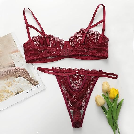 Sexy Floral Lace Lingerie for Women Sheer Bra and Panty Set with Underwire Soft Lace Push Up Lingerie Set