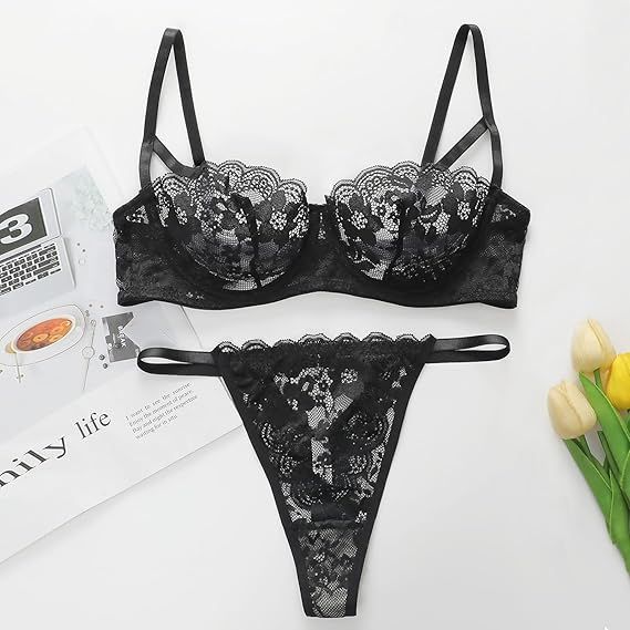 Sexy Floral Lace Lingerie for Women Sheer Bra and Panty Set with Underwire Soft Lace Push Up Lingerie Set