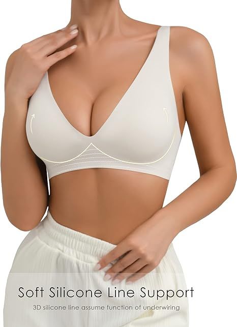 SHARICCA Pro Seamless Bra for women Deep V Neck WireFree Bra Adjustable Strap Comfort Sleep Bra Removable Padded Bralette